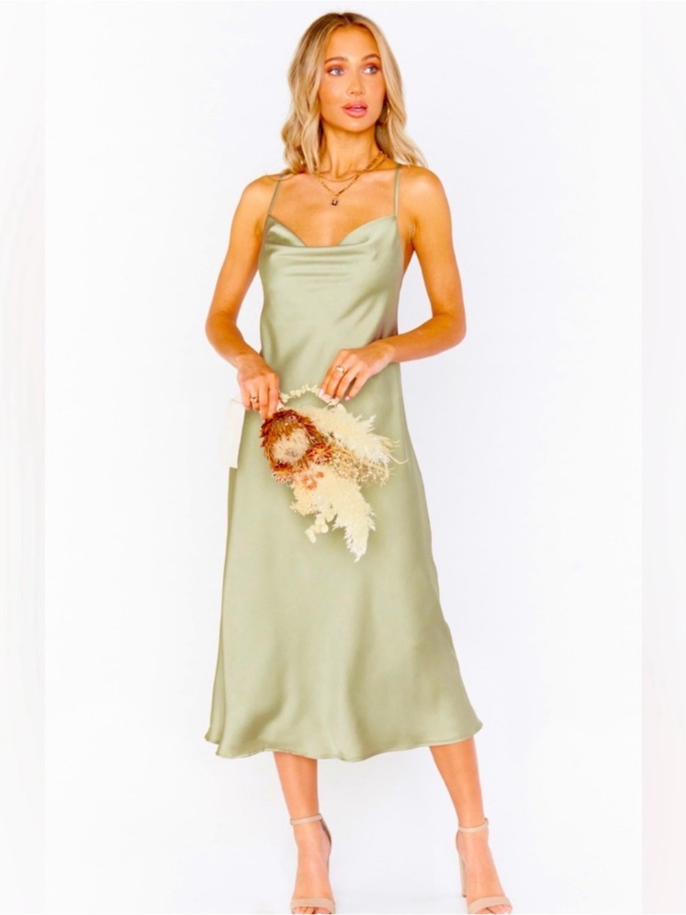 Show Me Your Mumu Formal Verona Cowl Dress Moss Green Luxe Satin Size S